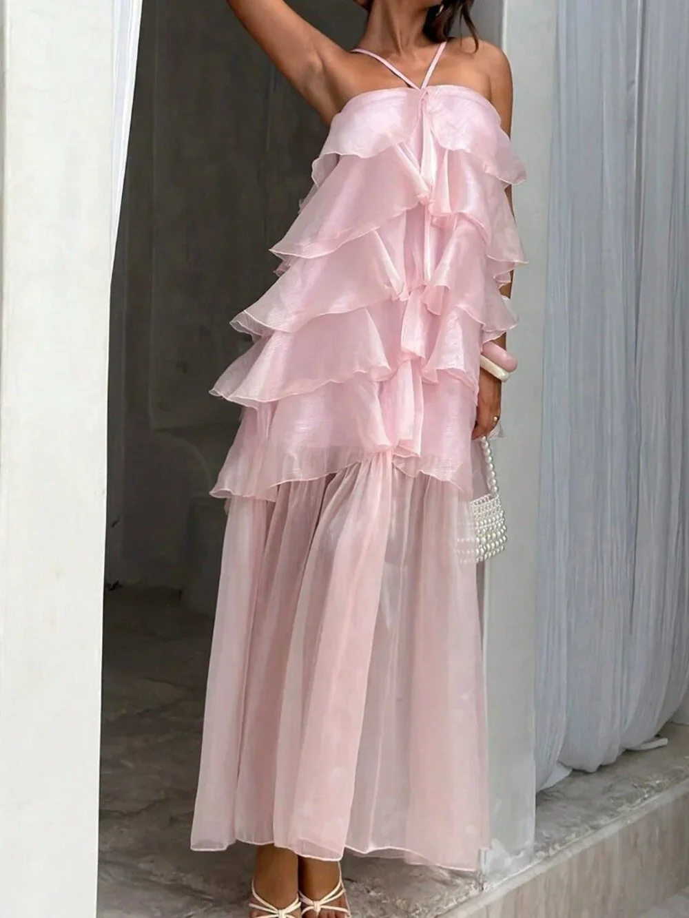 Pink Elegant Bohemian Women's Party Halter Dress with Layered Ruffle - Picture 1 of 8